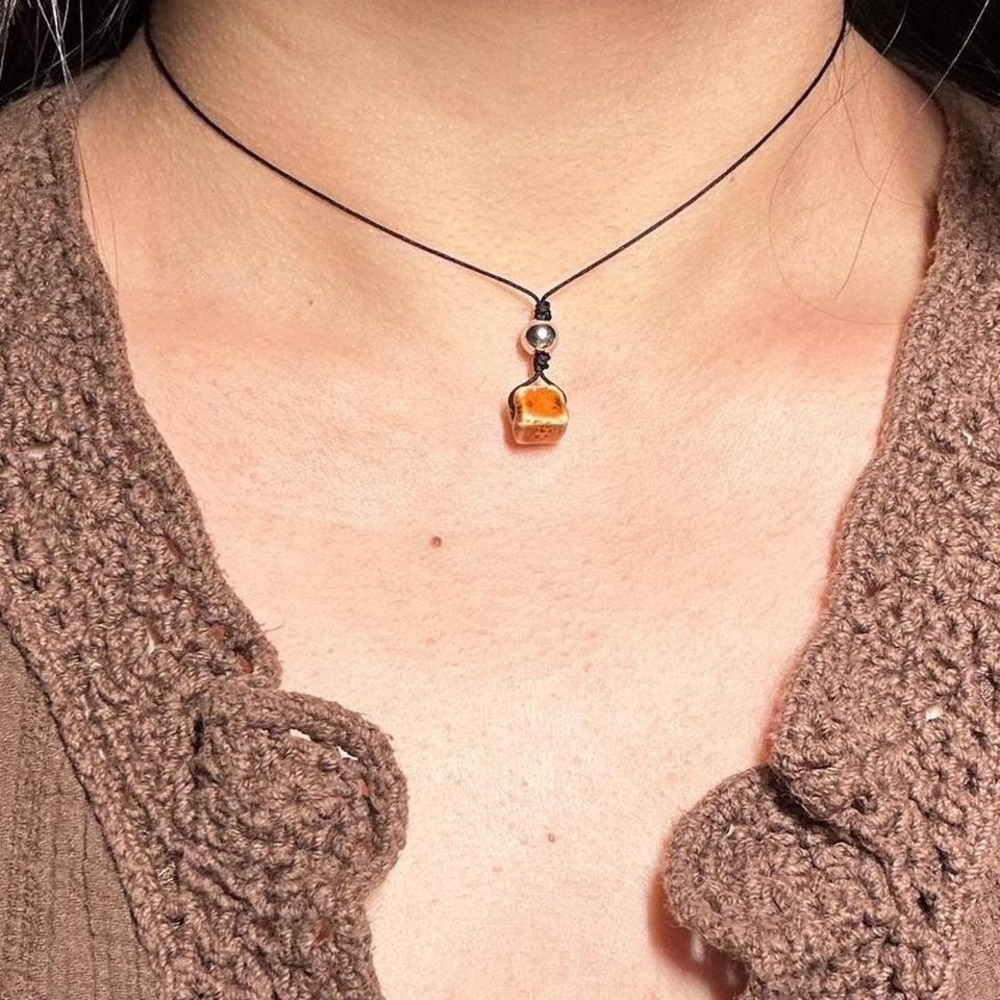 Handmade Terracotta Ceramic Cube Pendant Necklace Boho Adjustable Earthy